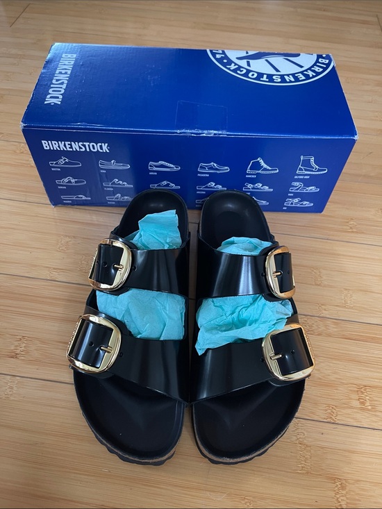 Birkenstock Shoes - New Birkenstock EVA Patent Black Two-Strap Arizona Large Gold Buckle Sandals 38